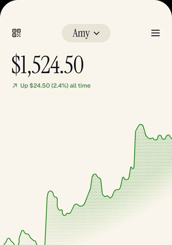 Trump Accounts app showing a child's balance of $1,524.50, up 2.4% all time
