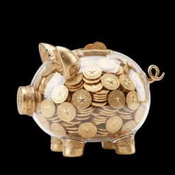 Glass piggy bank filled with gold coins